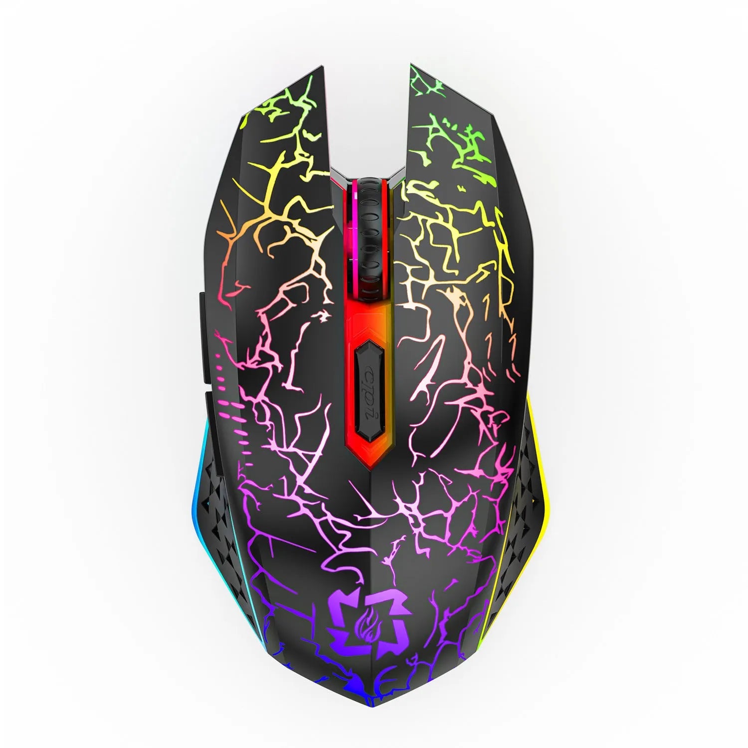 Black and white wireless gaming mouse with breathing lights showing Bluetooth and 2.4G connectivity options