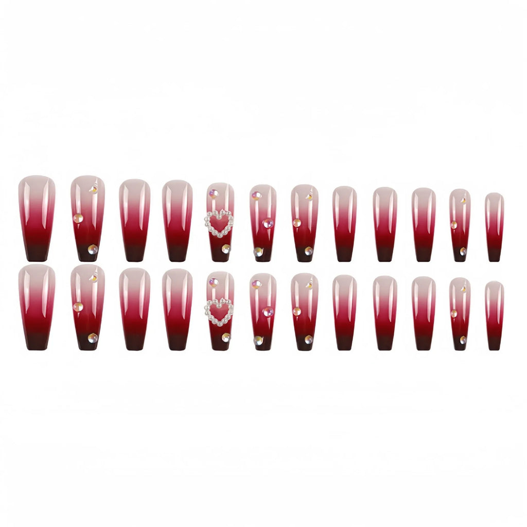 Wine red gradient false nail tips with pearl heart design and plaid pattern