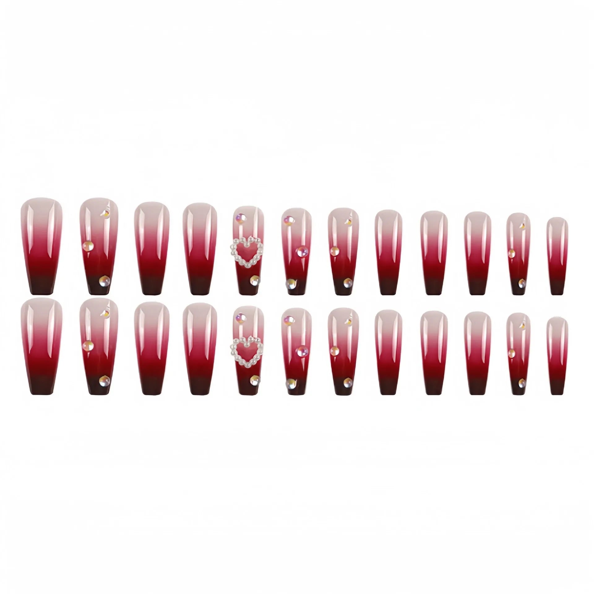 Wine red gradient false nail tips with pearl heart design and plaid pattern