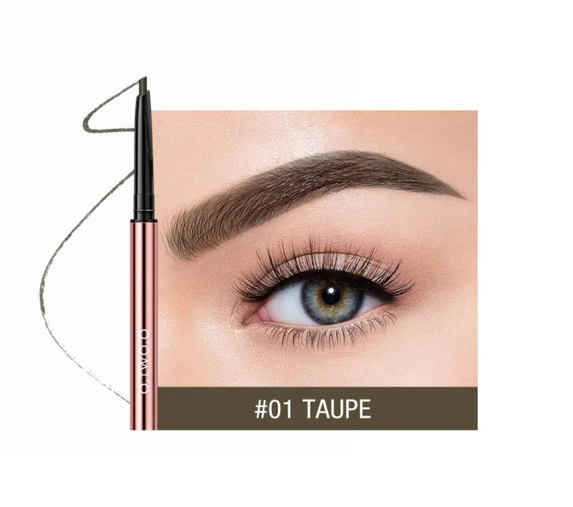 Slender eyebrow make-up pencil in a colour box, shown in six colour options including blonde and auburn.