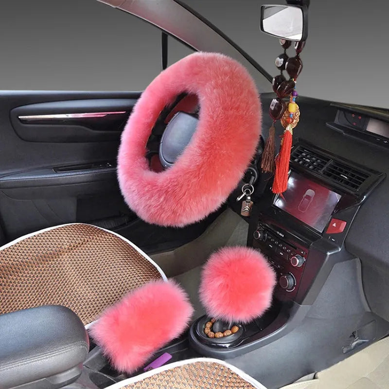 Wool steering wheel cover and handle covers three-piece set in multiple colour options for 38cm diameter wheels