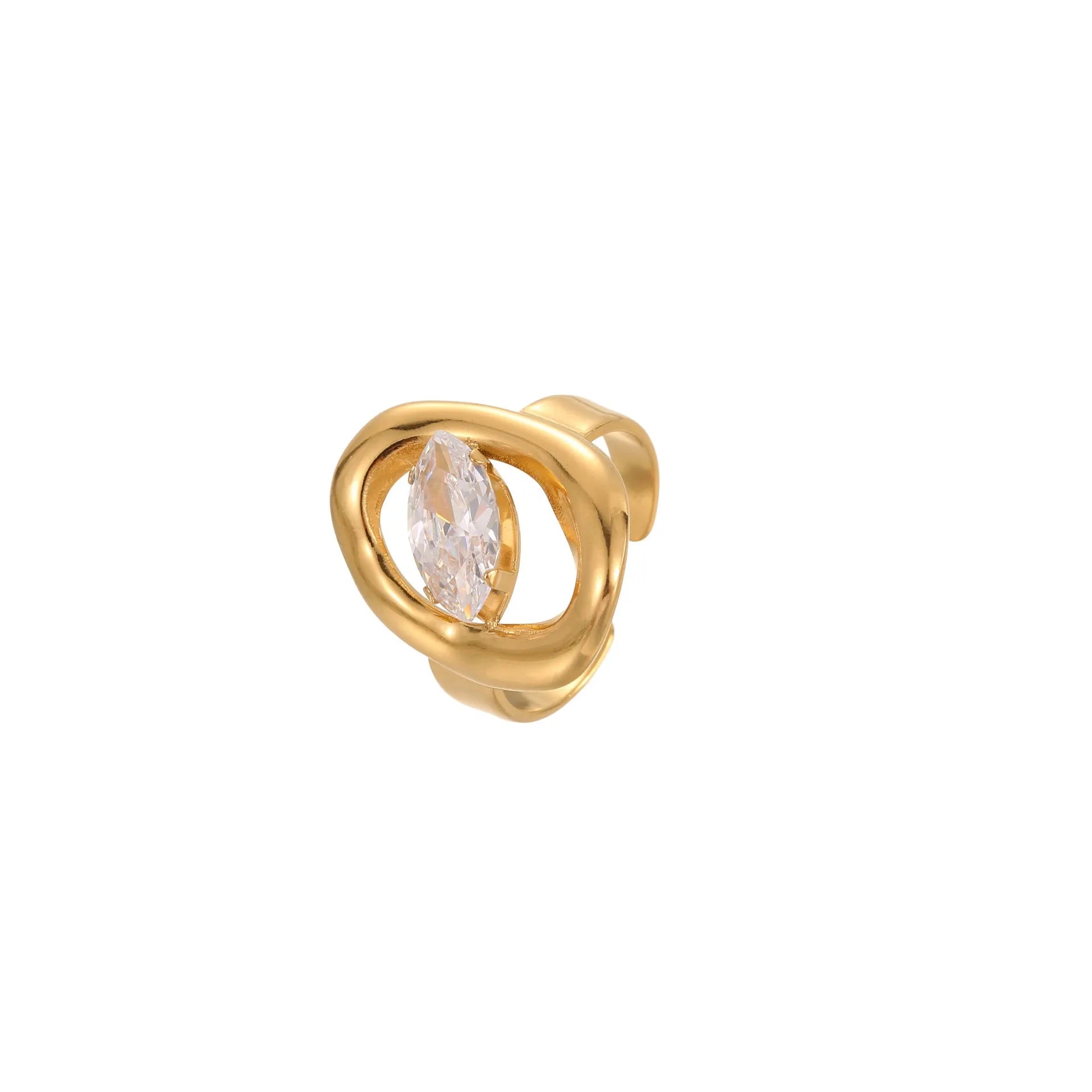 Geometric open mouth stainless steel zircon ring in a free size on a hand.