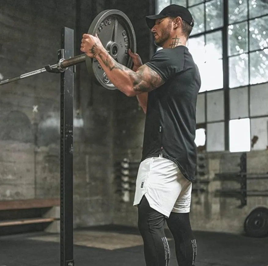 Men's plain gym shirt in cotton spandex blend shown in army green, black, and white colour options.
