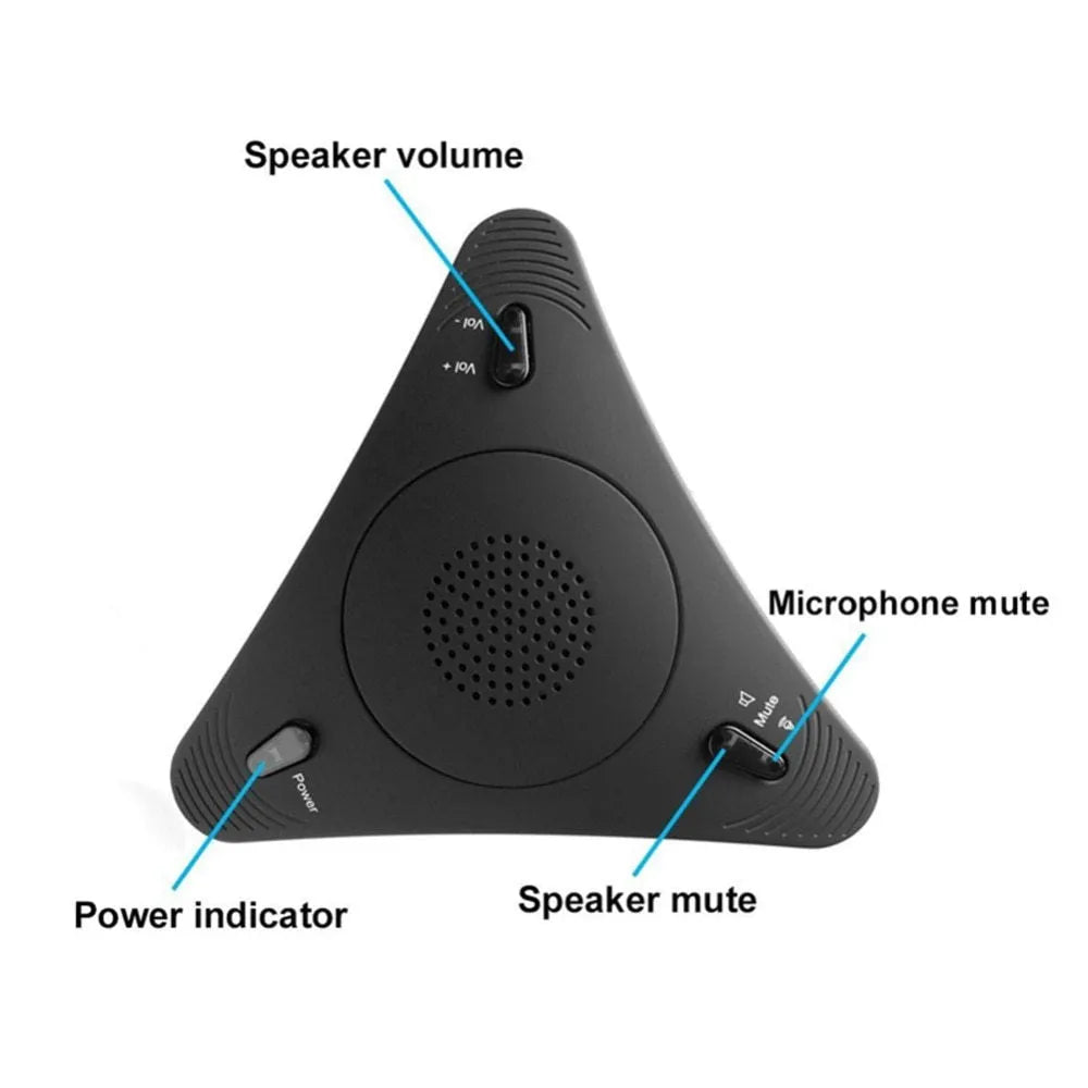 Black USB omnidirectional conference microphone with volume and mute buttons