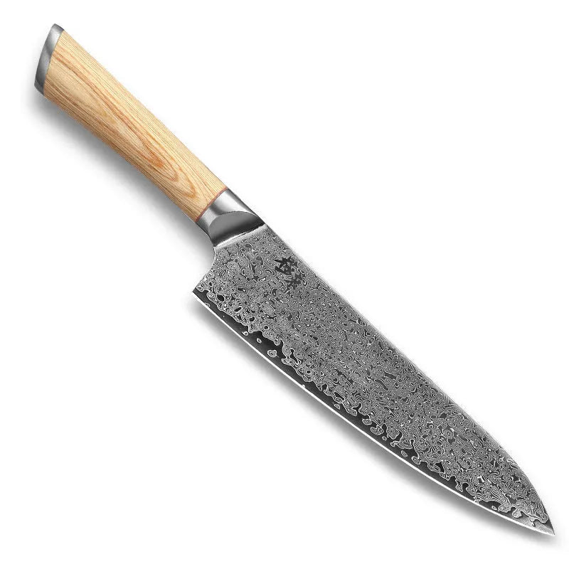 Damascus kitchen knife set with multiple blade sizes and V gold steel core on a kitchen counter.