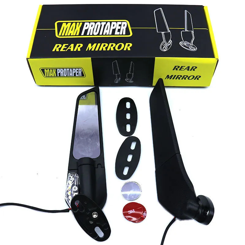 Pair of yellow motorcycle reflectors with convex glass lenses and aluminium alloy bodies for spoiler or mirror mounting.