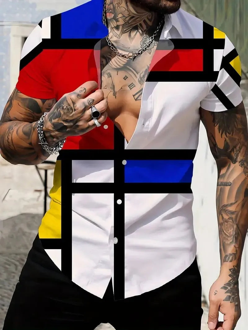 Men's slim-fit short-sleeve shirt with a geometric line pattern printed on the lapel.