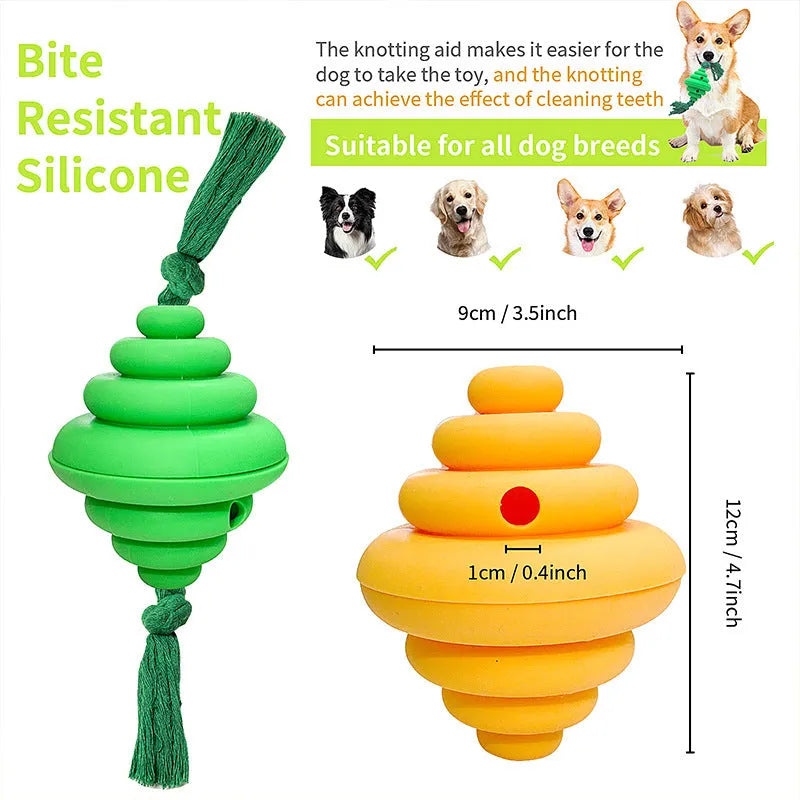 Green and yellow silicone dog ball with rope knot, showing spiral design for treat dispensing.