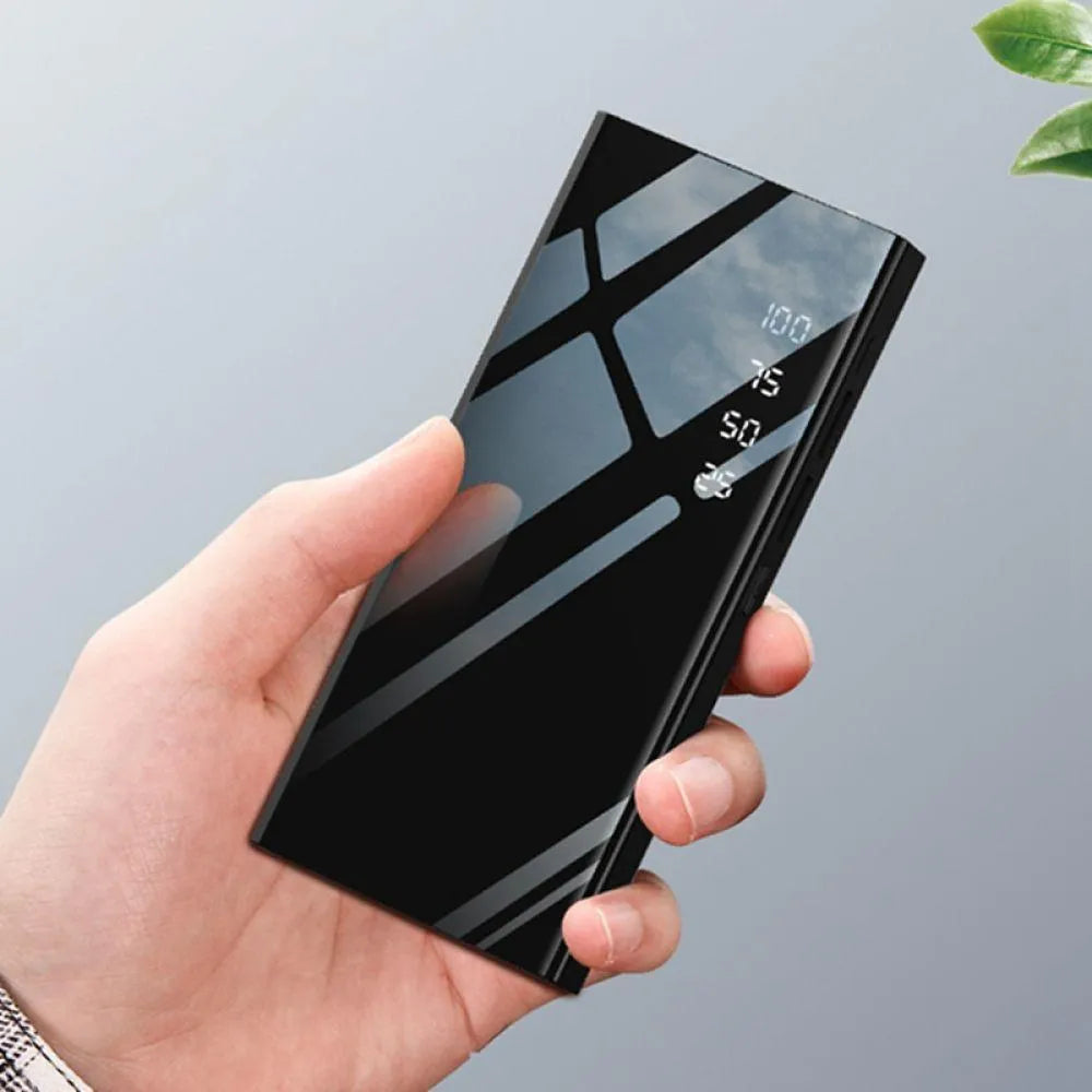 20000mAh portable power bank with LCD display and dual USB ports in black colour