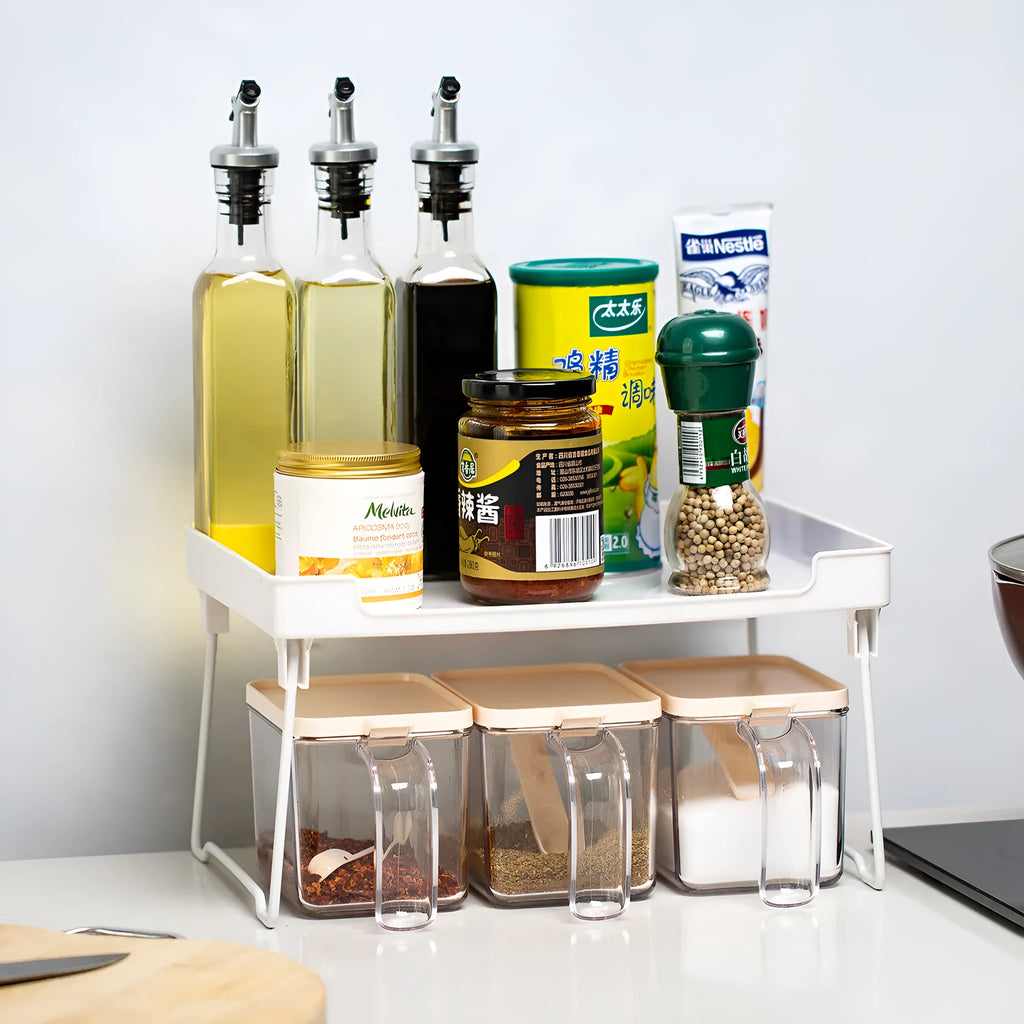 Transparent and white plastic kitchen supplies rack for desktop cupboard organisation