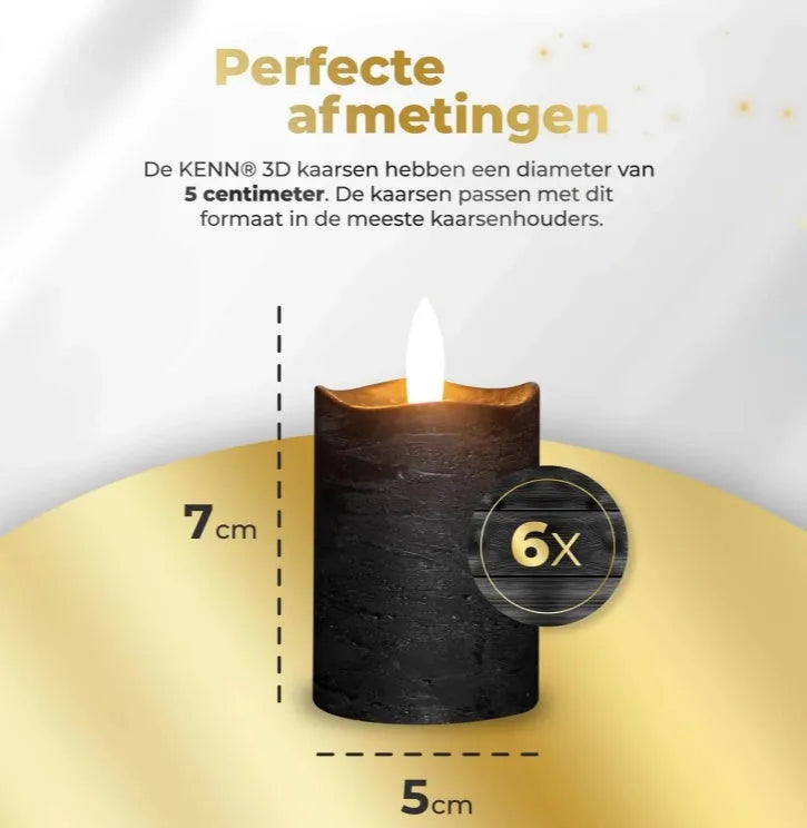 Black S6 LED pillar candle with realistic pillar shape, measuring D5 by H7cm.