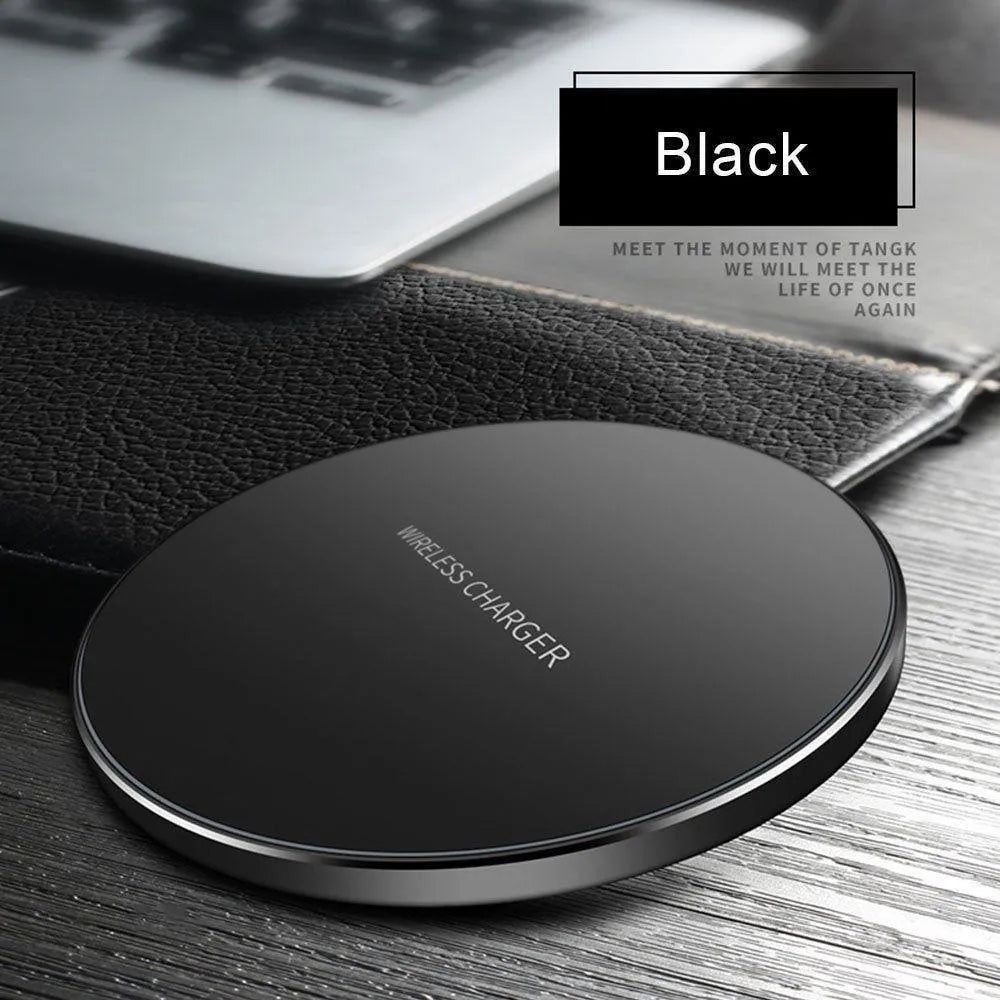 Black ultra-thin wireless fast charging pad with 98mm square dimensions for smartphone charging