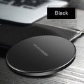 Black ultra-thin wireless fast charging pad with 98mm square dimensions for smartphone charging