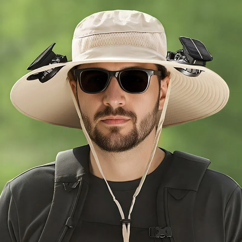 Solar-powered fan hat for outdoor fishing with adjustable design and wide sun protection brim