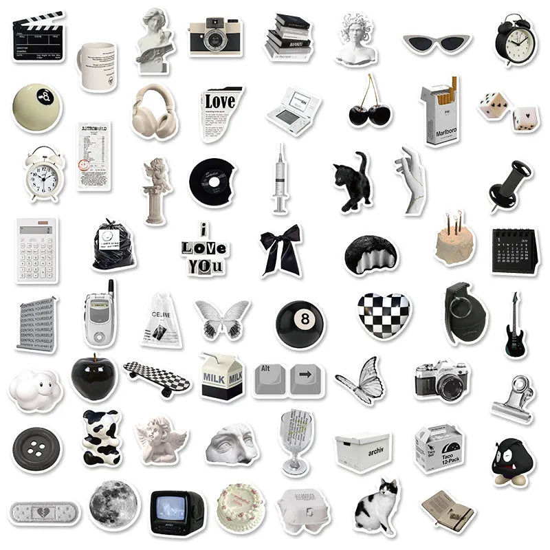 Assortment of 61 black and white waterproof PVC stickers for laptops, phones, and travel gear.