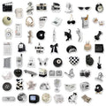 Assortment of 61 black and white waterproof PVC stickers for laptops, phones, and travel gear.