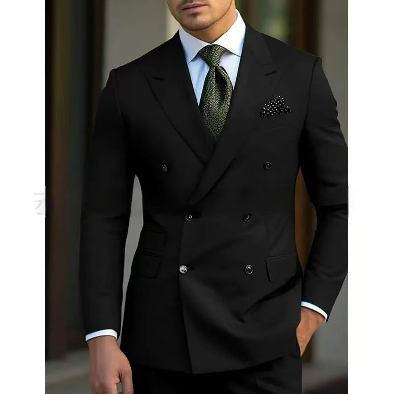 Men's light business two-piece suit jacket and trousers in a cotton blend fabric.