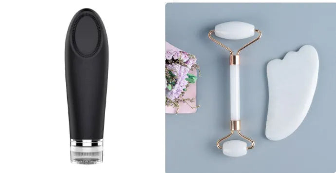 White jade double-headed facial roller and gua sha scraping tool set with a wooden storage board.