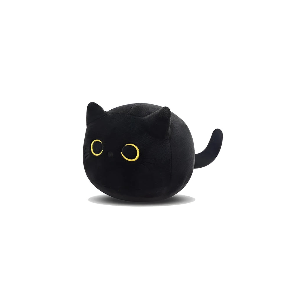 Black fluffy cat plush toy with printed face, sitting upright as a soft cushion.