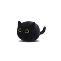 Black fluffy cat plush toy with printed face, sitting upright as a soft cushion.
