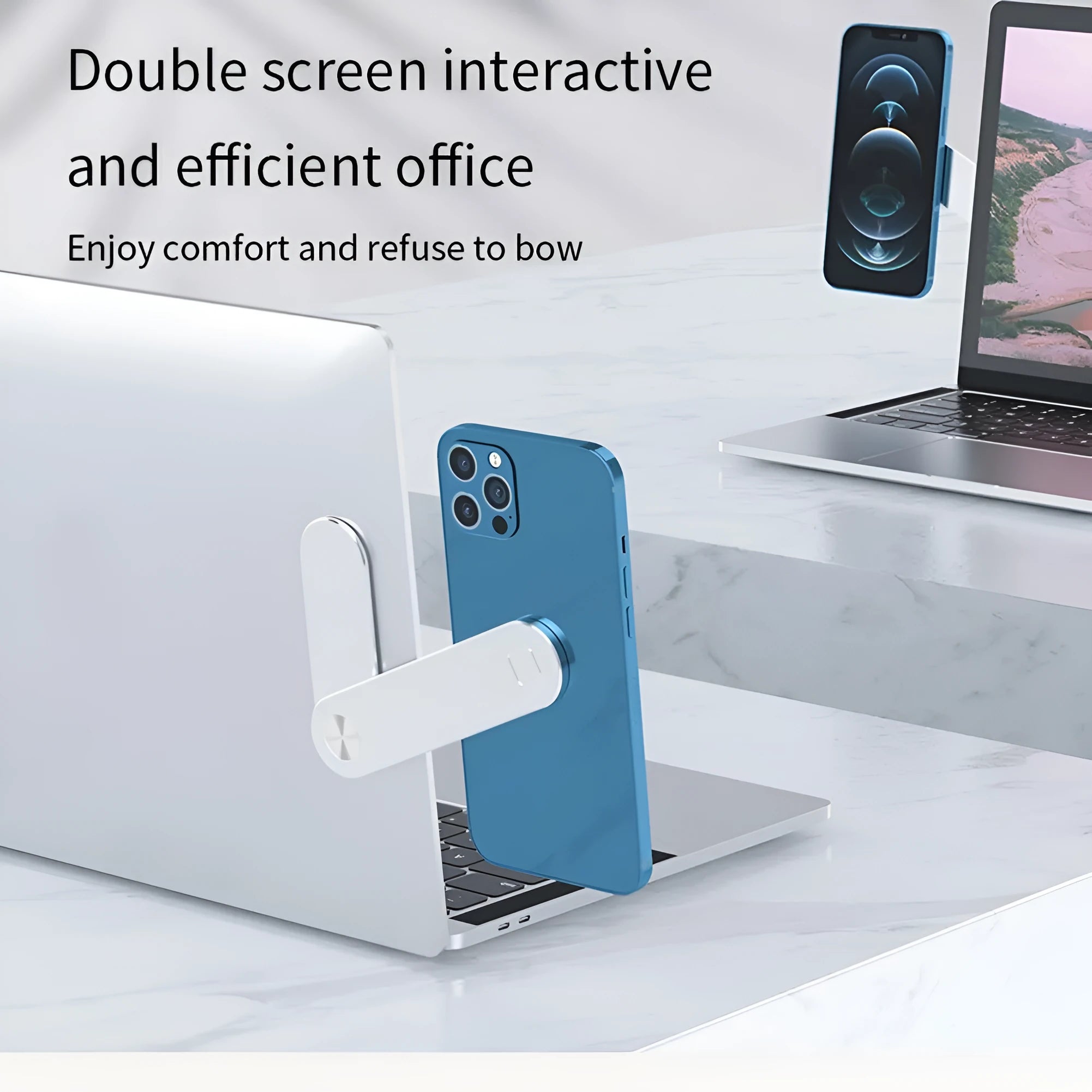 Black magnetic laptop phone holder with foldable aluminium bracket attached to a laptop screen