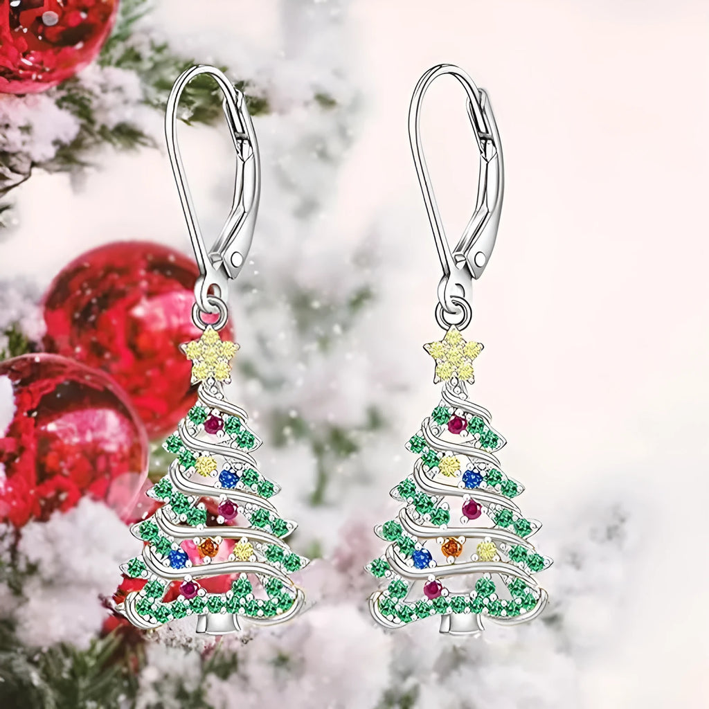White gold colour Christmas tree earrings with star design for women