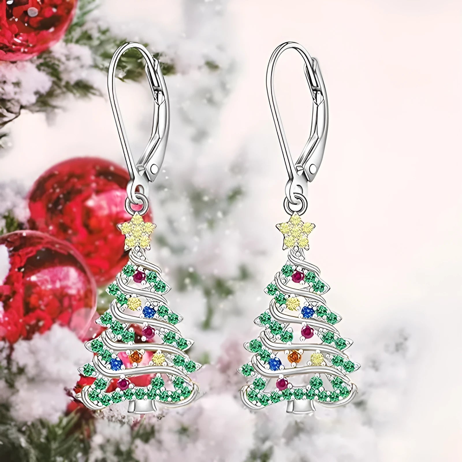 White gold colour Christmas tree earrings with star design for women