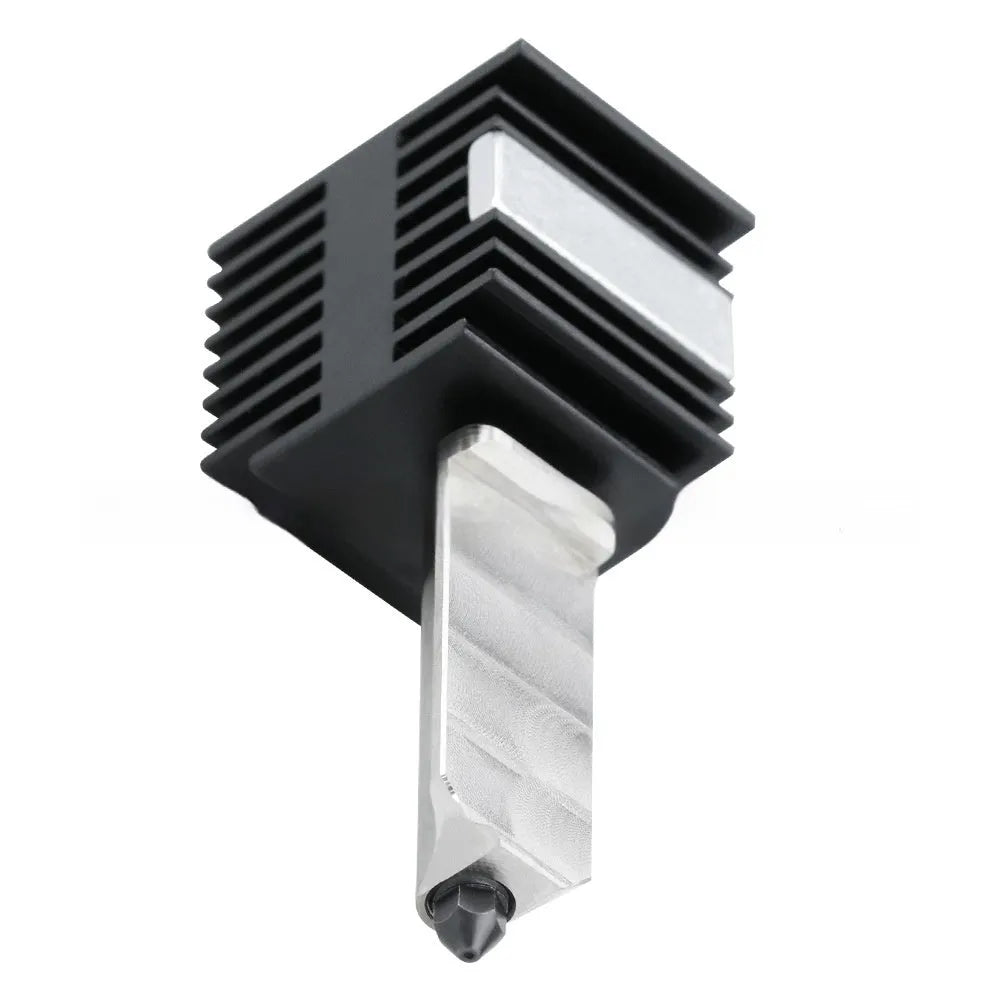 Bambu Lab A1 Mini 3D printer hot end assembly with black silicone sleeve and hardened steel nozzle.