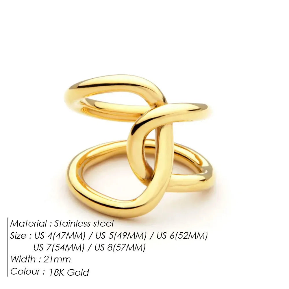 Women's adjustable stainless steel ring with knotted geometric design in gold or steel colour.