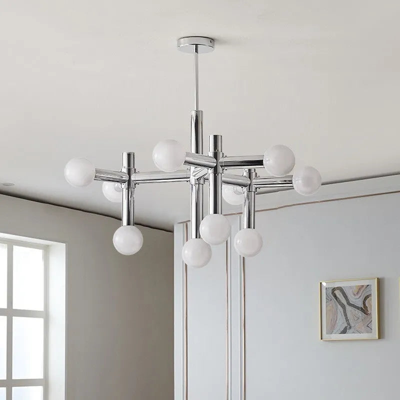 Creative bean-shaped Nordic chandelier with 10 chrome-plated heads, wrought iron and glass construction