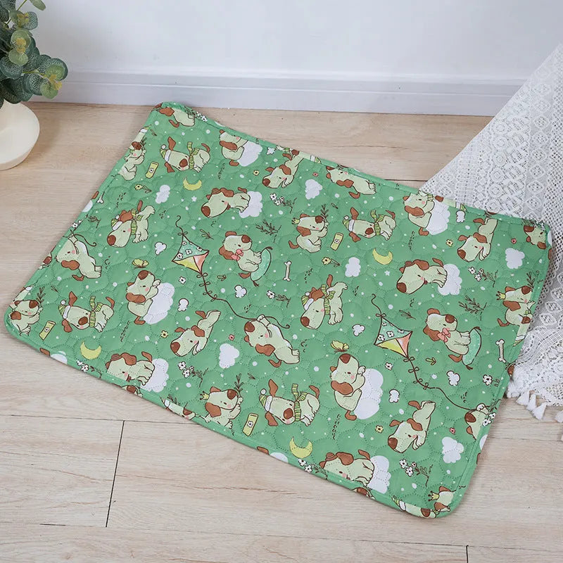 Washable waterproof pet urine pad showing animal pattern design and size options