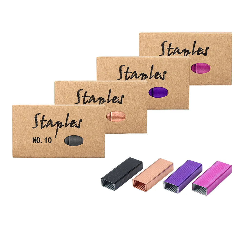 Box of 1000 metal staples for stapler refill in rose gold, black, purple, and rose red colour options.
