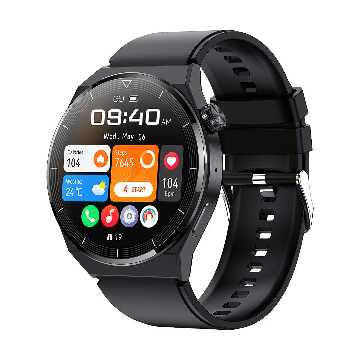 Black Bluetooth smart watch with round 1.36-inch display and silicone strap showing calling and NFC functions