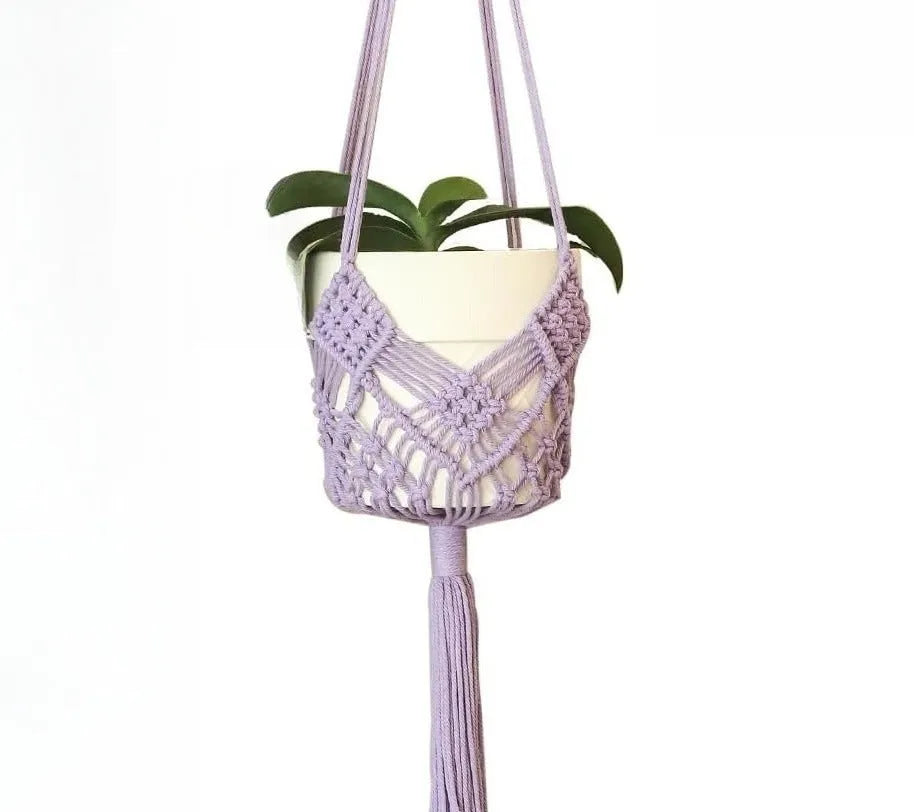 Hand-woven brown polyester cotton flower pot with net pocket extension cord for indoor plants