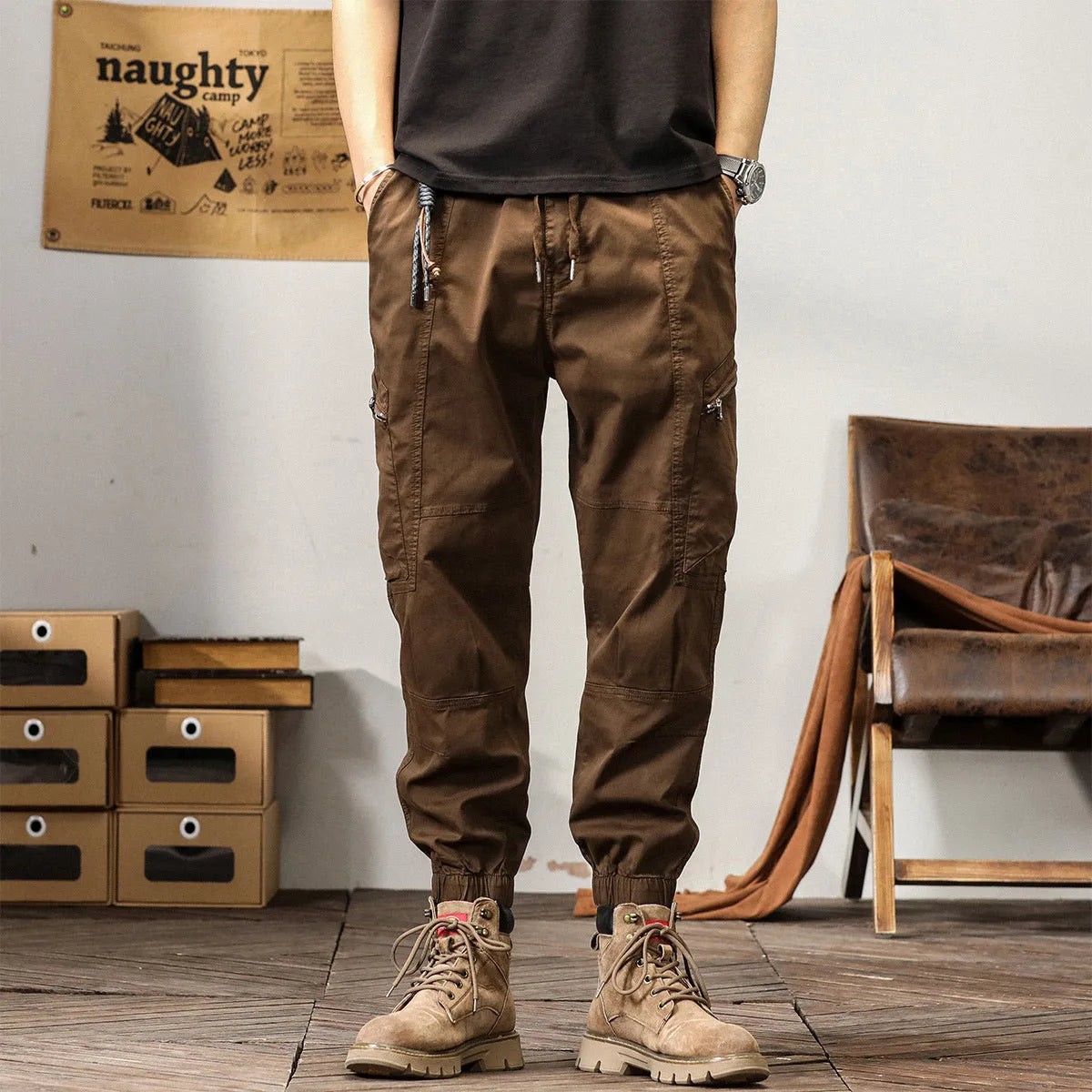 Men's cotton harem pants with tapered ankle bands in khaki, peacock green, coffee, or black colours