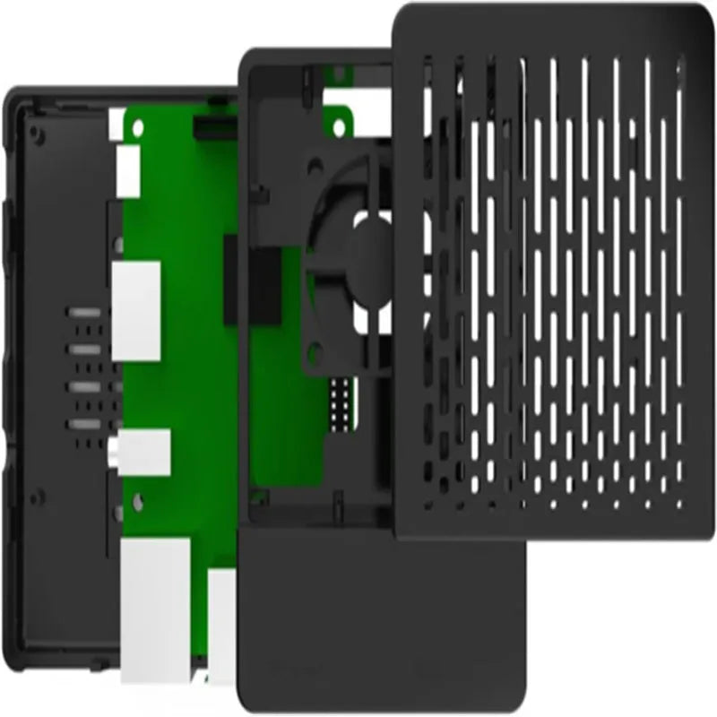 Black ABS plastic protective case for Raspberry Pi 4 with fan support and ventilation slots