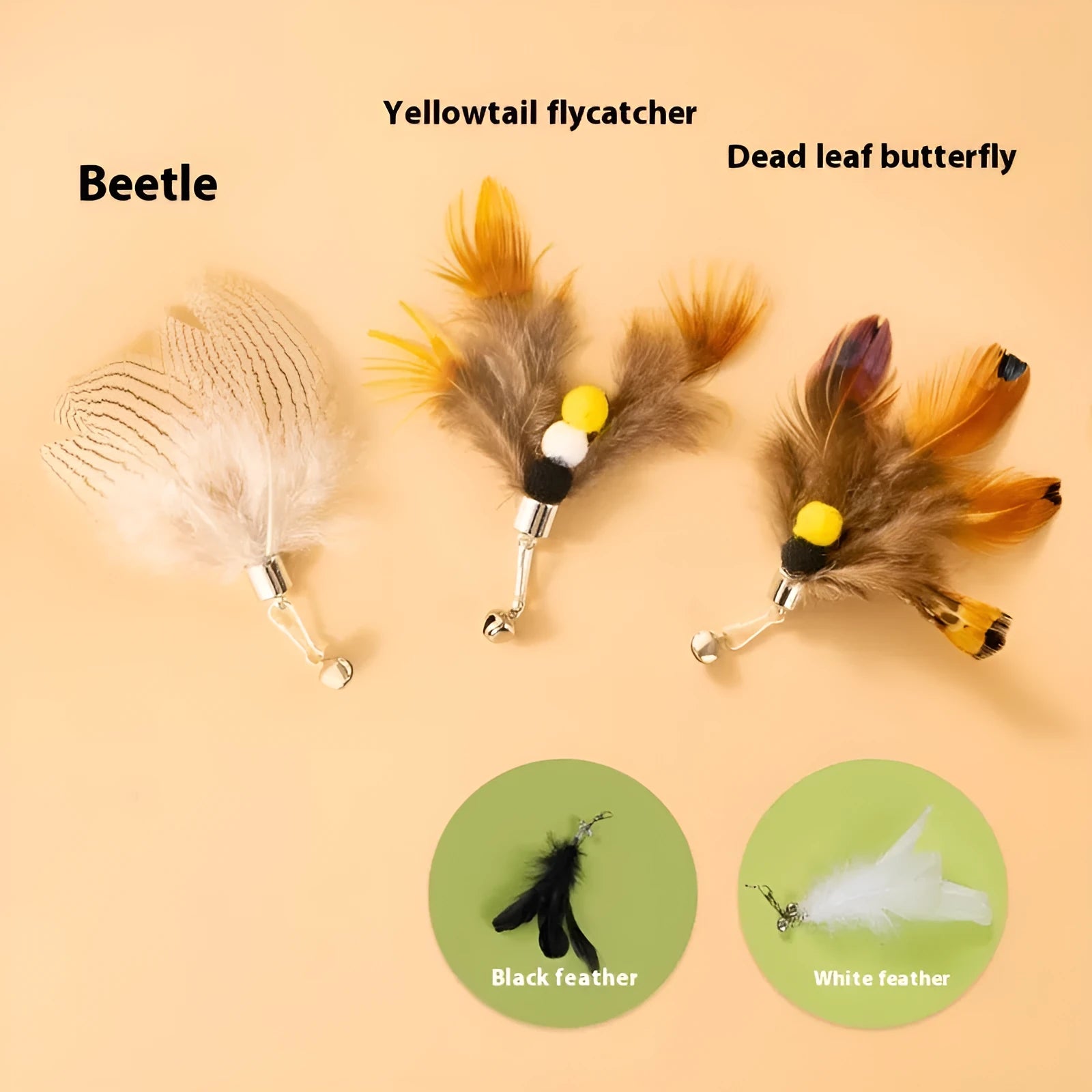 Three steel wire cat toy replacement heads in small flying insect colours