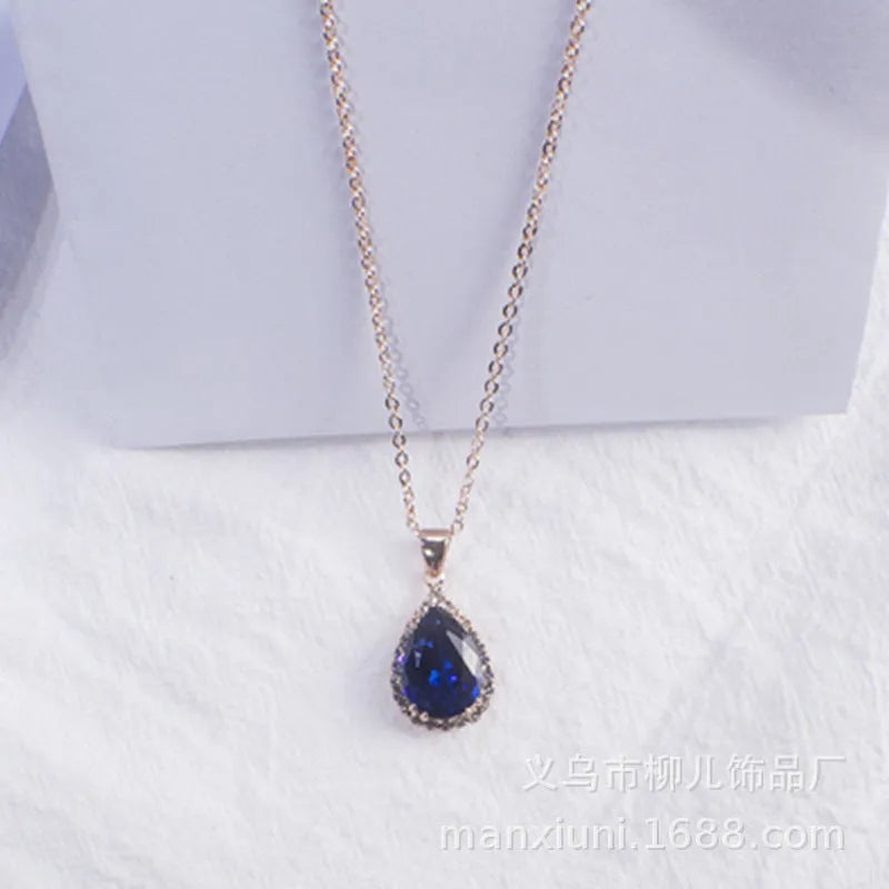 Women's rose gold water drop rhinestone necklace with geometric design and artificial gemstone inlay