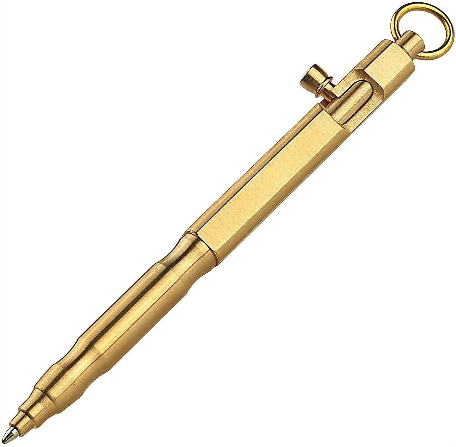 Brass hexagonal tactical pen in natural colour or black finish, 13cm length with bolt design