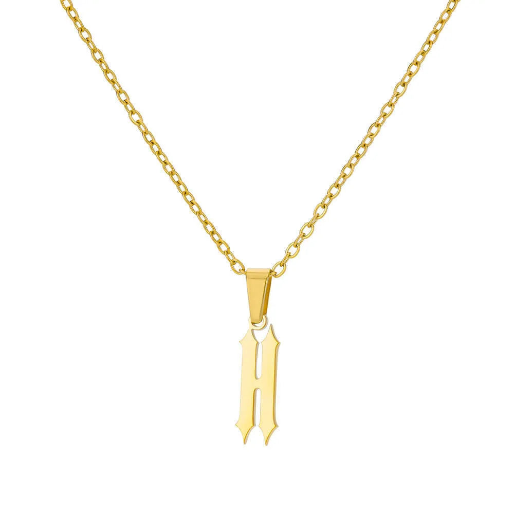 Gold stainless steel ancient English letter pendant necklace with O-ring chain on white background