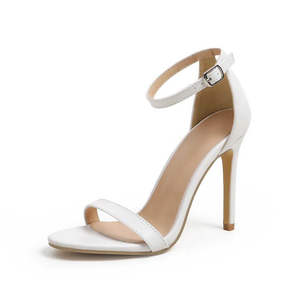 Black square toe stiletto heel strap sandals with buckle fastening on a white background
