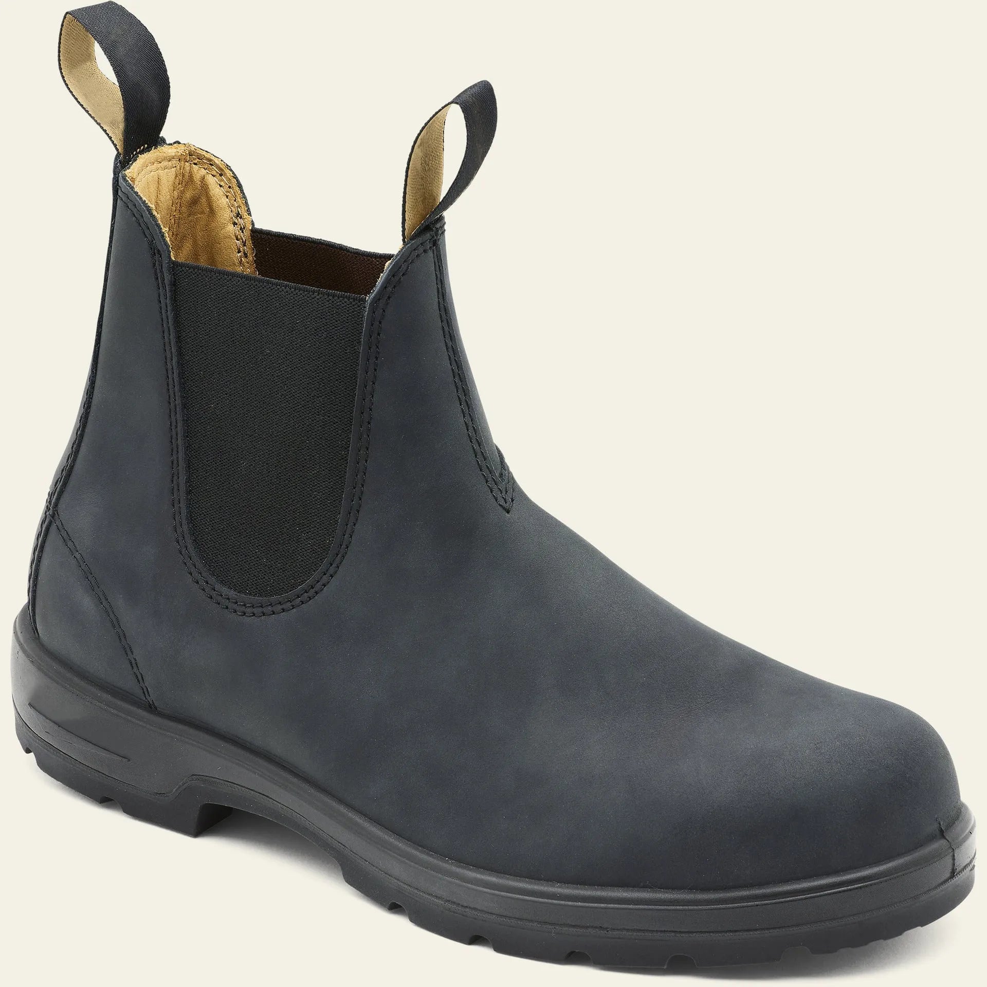 A pair of vintage-style unisex Chelsea boots in artificial PU leather with a beef tendon sole