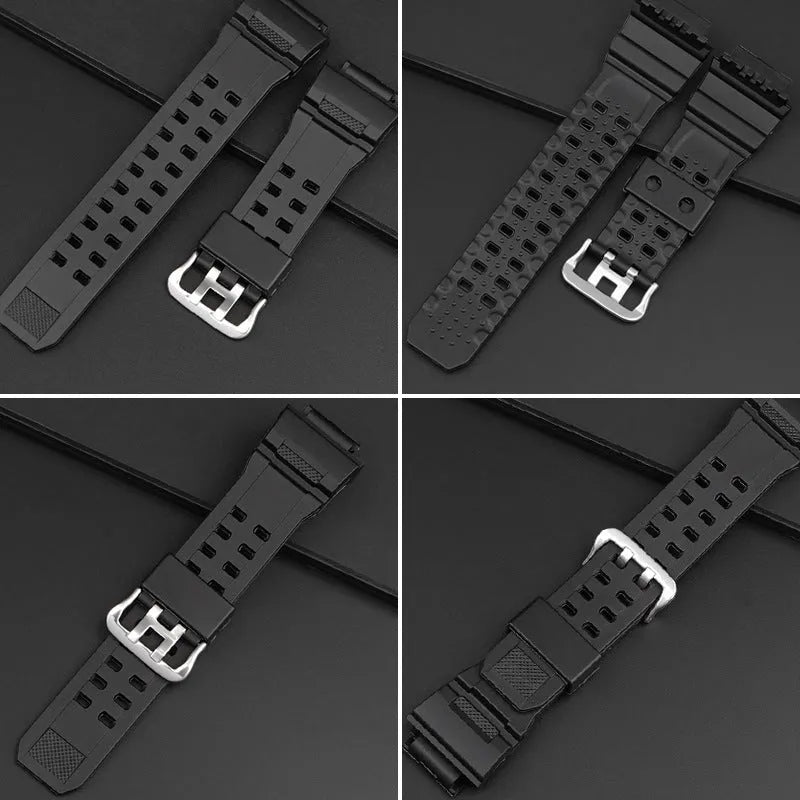 Camouflage pattern TPU watch strap with silver buckle closure shown in multiple colour options