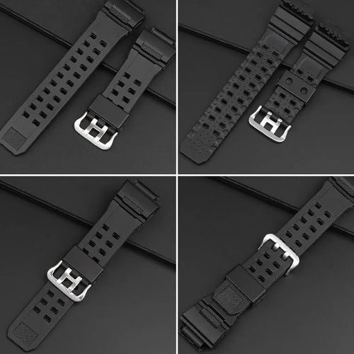 Camouflage pattern TPU watch strap with silver buckle closure shown in multiple colour options