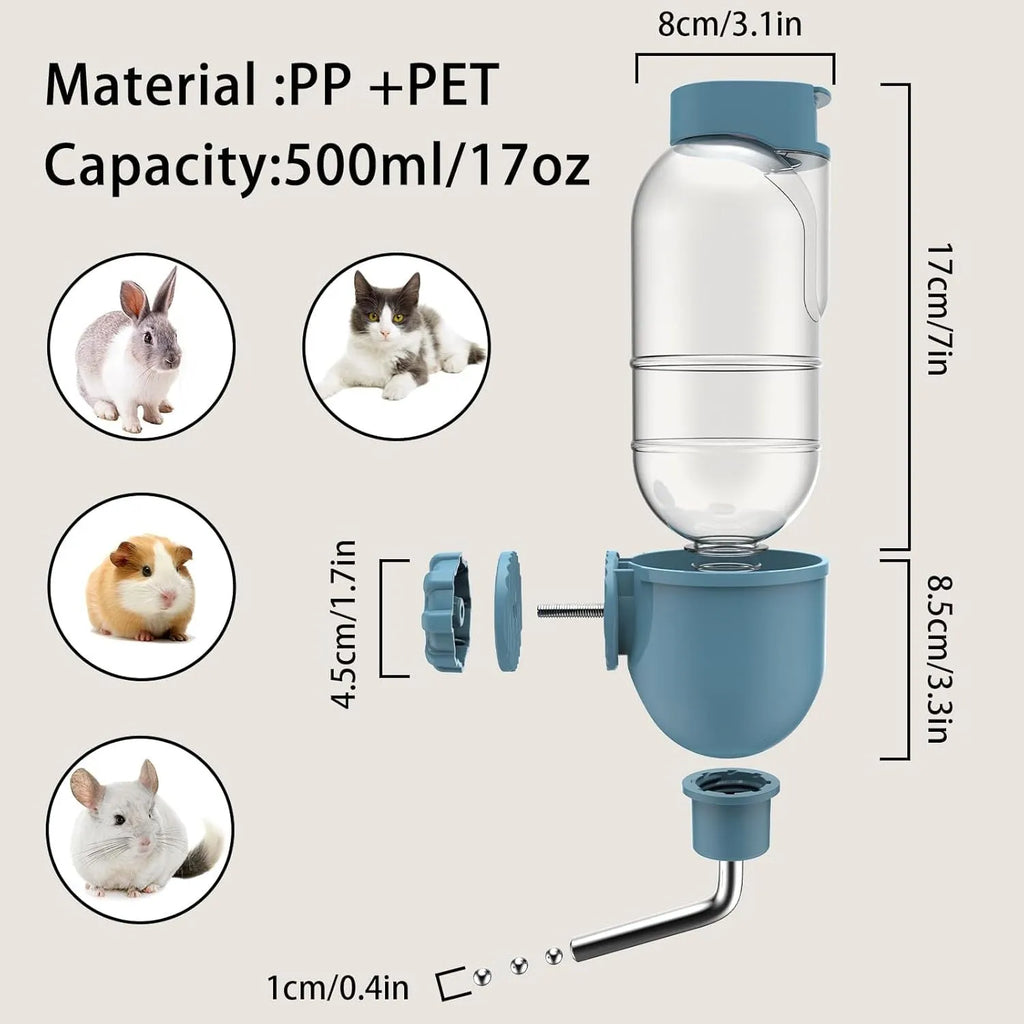 Blue small animal cage water bottle with 360° rotatable nozzle and mounting bracket