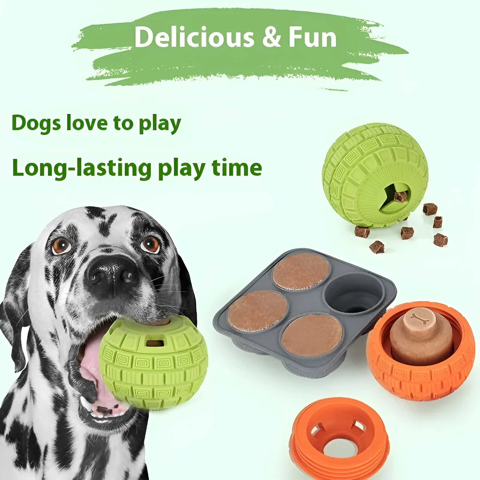 Natural rubber treat dispensing ball toy for dogs in green colour, 14 x 10 x 10 cm