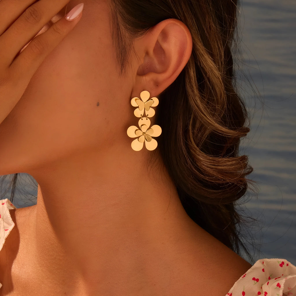Gold flower butterfly stainless steel earrings with geometric animal zodiac designs for women
