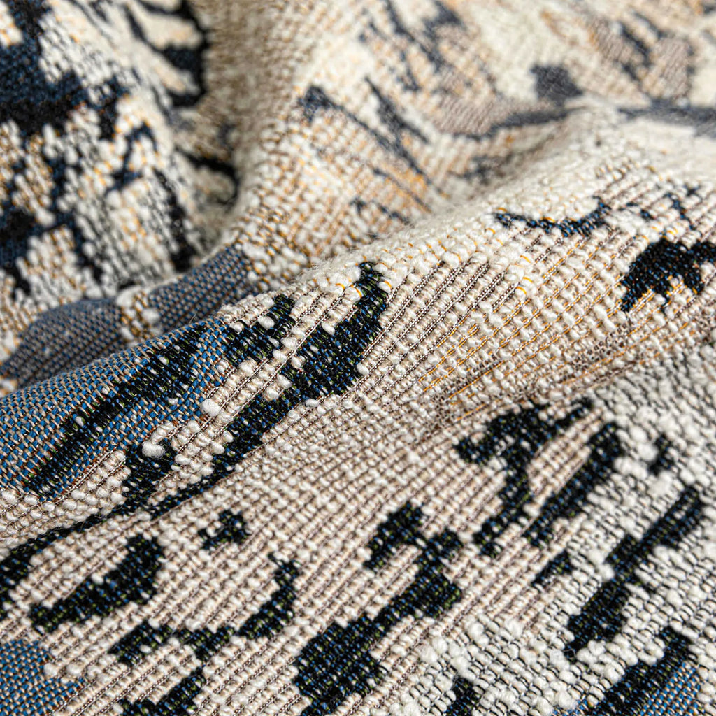 Antique blue square decorative cushion with abstract Chinese style floral pattern and wool blend fabric.