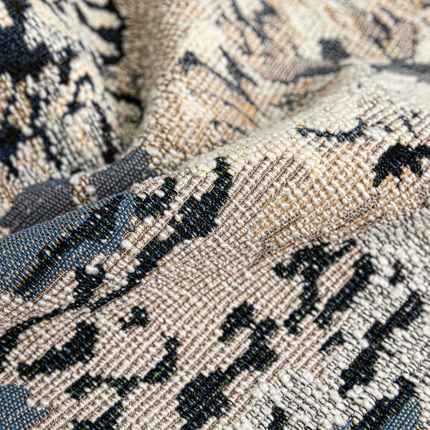 Antique blue square decorative cushion with abstract Chinese style floral pattern and wool blend fabric.