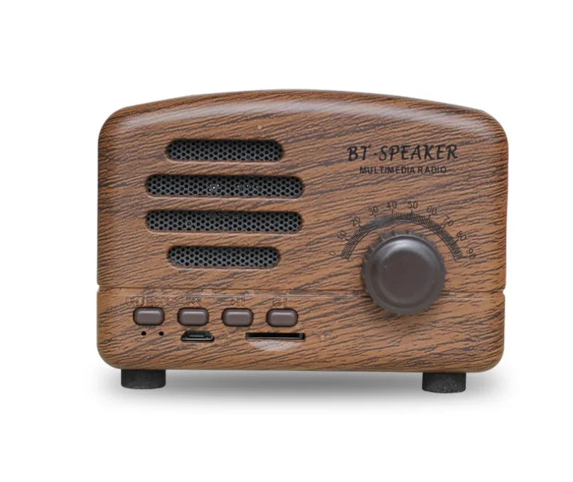 Vintage wood bluetooth speaker in wood grain finish showing compact 93x70x59mm dimensions